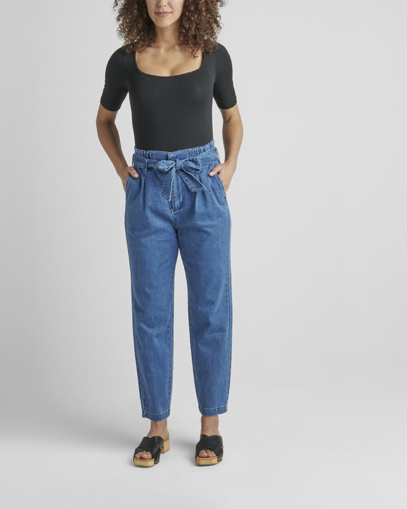Front of a model wearing a size 14 Belted Pleat High Rise Tapered Leg Pant In Blue Nova in Blue Nova by JAG. | dia_product_style_image_id:351441